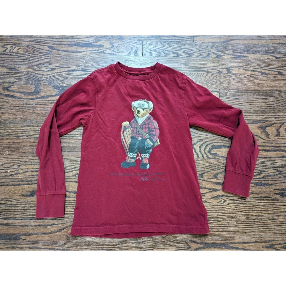 Polo Bear Ralph Lauren Long Sleeve Shirt Boys Small Size 8 Sledding Bear Red